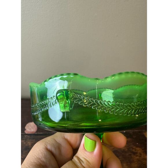 Jefferson Glass 1904 Green Opal Alpine AKA Swag Wreath & Brackets Footed Compote - Picture 11 of 13